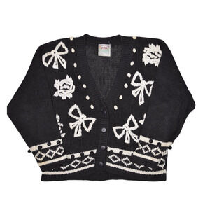 Vintage CSL Sweater Womens M Black Cardigan Embroidered Bows Cherry Stix Ramie